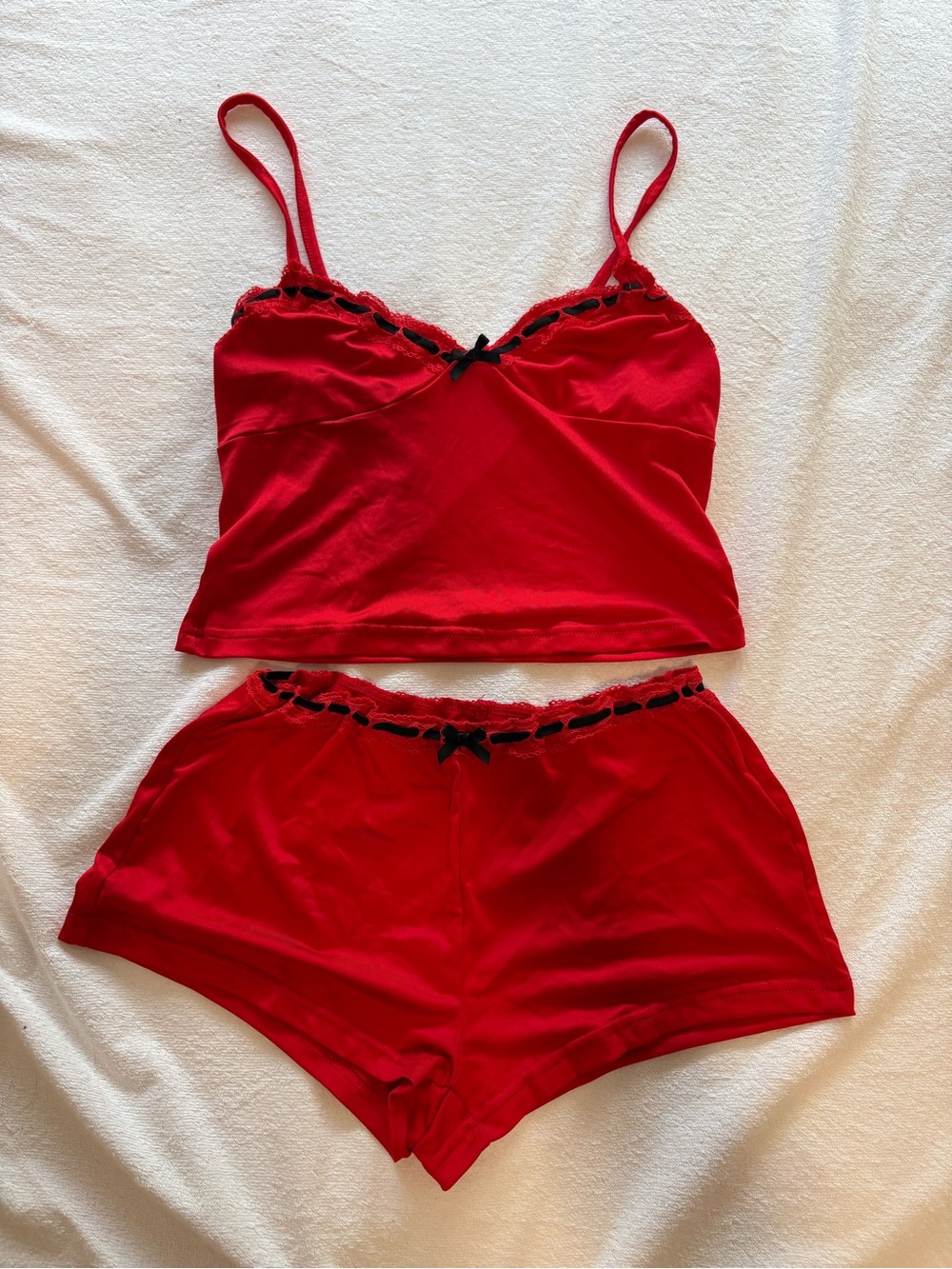Amazon Red Camisole & Short Pajama Set with Black Lace Trim